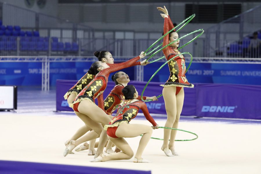 世大運韻律體操測試賽首日，中華臺北隊在團體全能表現不俗，收下銅牌。圖/大會提供