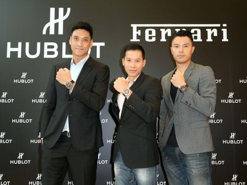 台灣籃壇傳奇球星田壘(左起)、顏行書與陳信安共同展示全新HUBLOT Big Bang Ferrari腕錶。