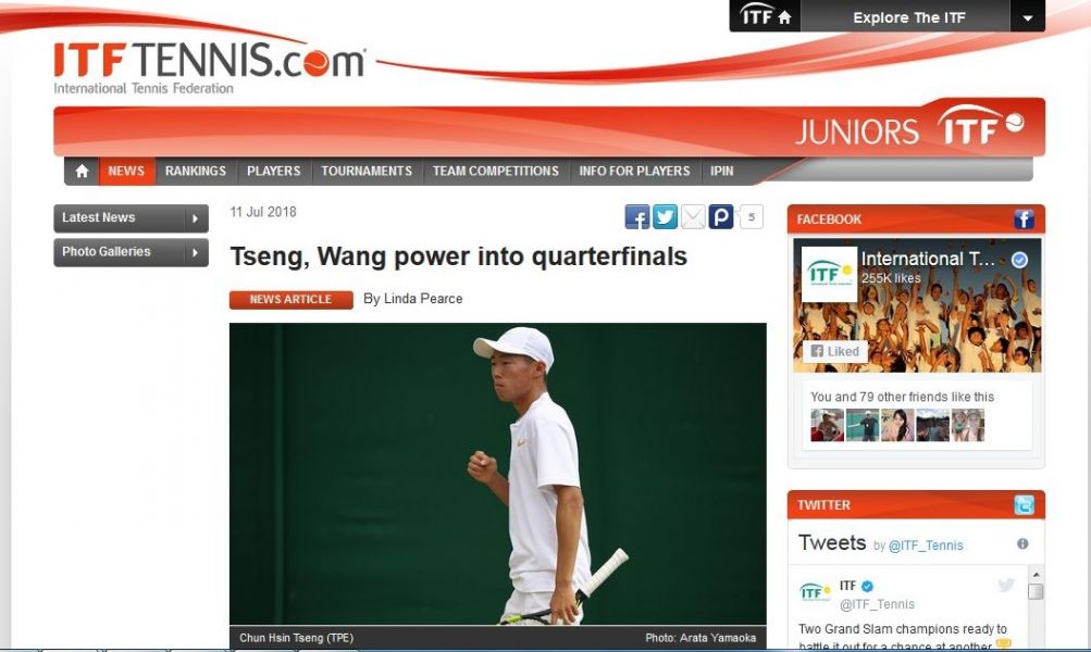 國際網總再度報導台灣小將曾俊欣的驚人表現。摘自ITF
