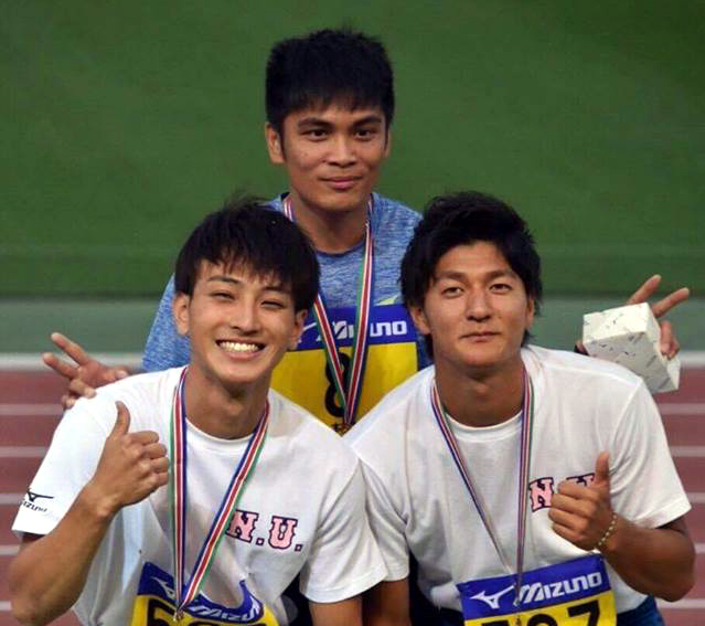 日本大學田徑公開賽，台體大林鴻敏(後)以8公尺10奪得男子跳遠金牌。田徑協會／提供。