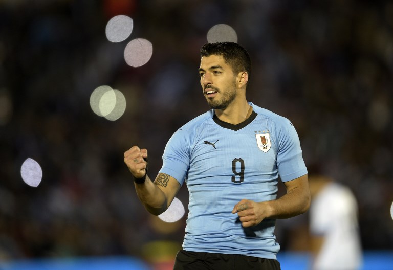 蘇亞雷斯為烏拉圭出戰熱身賽，他在2014年世界盃因咬人事件被重罰。法新社
