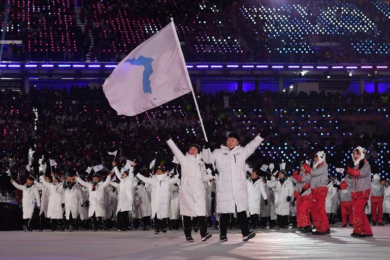 南北韓共同拿半島旗一同出場。法新社