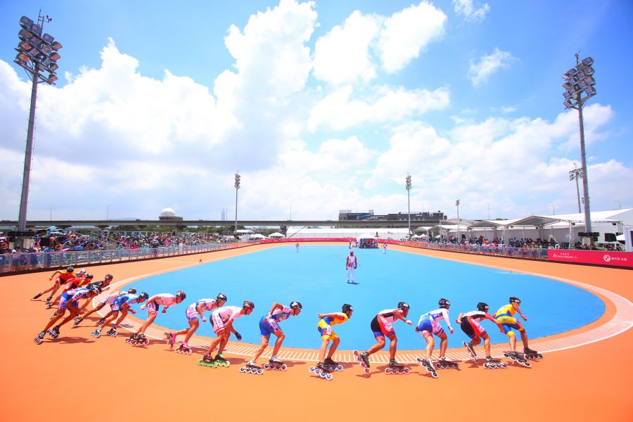 臺北世大運滑輪溜冰男子10000公尺計點淘汰賽。台北世大運組委會提供