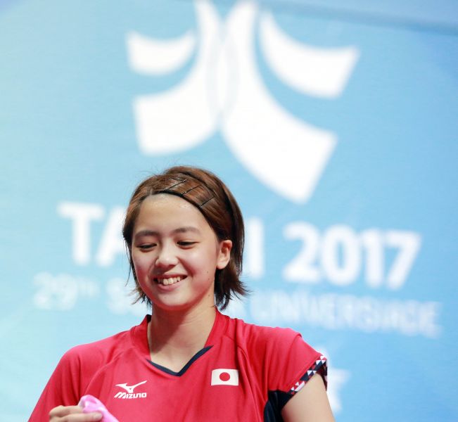 桌球女單日本山本怜連拿兩勝晉級複賽，賽後記者會露出燦爛笑容。圖/2017世大運組委會提供