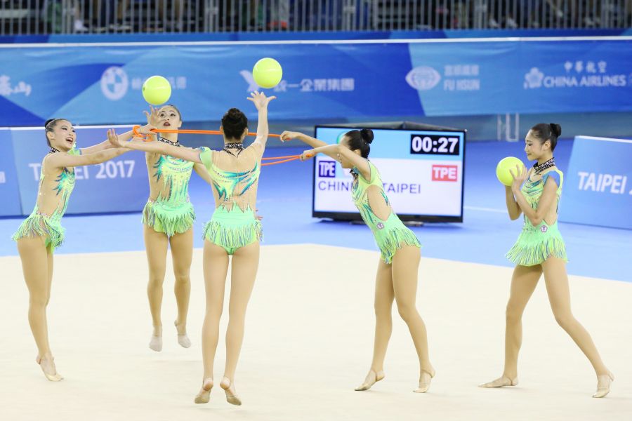 韻律體操3球2環項目地主中華隊表現亮眼拿下銅牌。台北世大運組委會提供