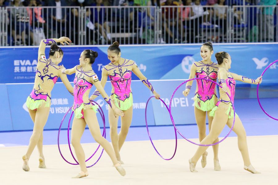 團體五環，日本隊以最高的難度分數9。台北世大運組委會提供