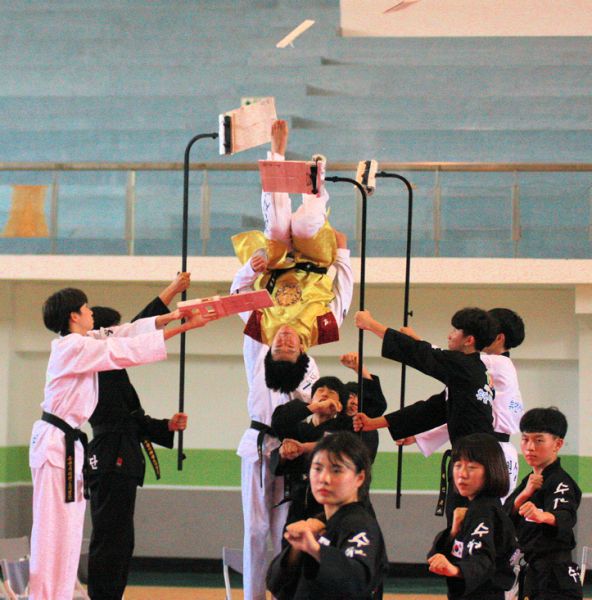 韓國水原市跆拳道職業表演團高空後翻滾踢腿擊碎木板。圖/高雄市體育處提供