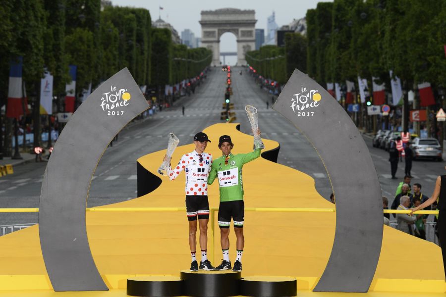 Team Sunweb車隊兩大好手在法國巴黎凱旋門前接受頒獎