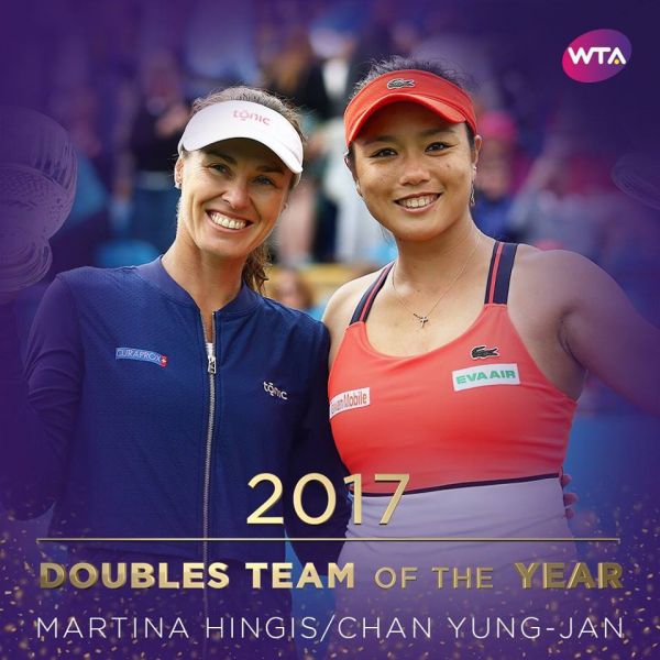 WTA官網公布詹詠然／辛吉絲獲選年度最佳的消息。摘自WTA官網