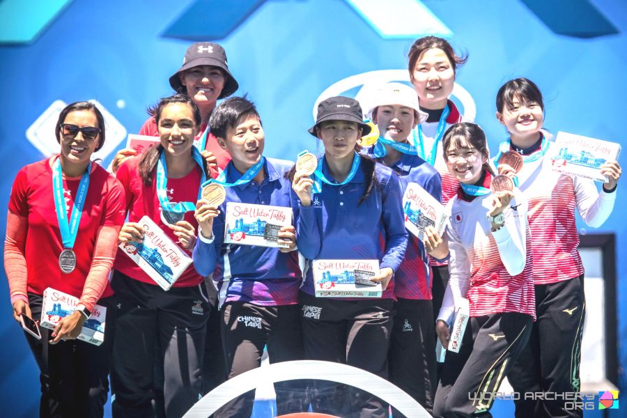 中華隊雷千瑩(前排左三起)和彭家楙、譚雅婷勇奪世界盃射箭賽第三站金牌。取自／世界箭總官網。