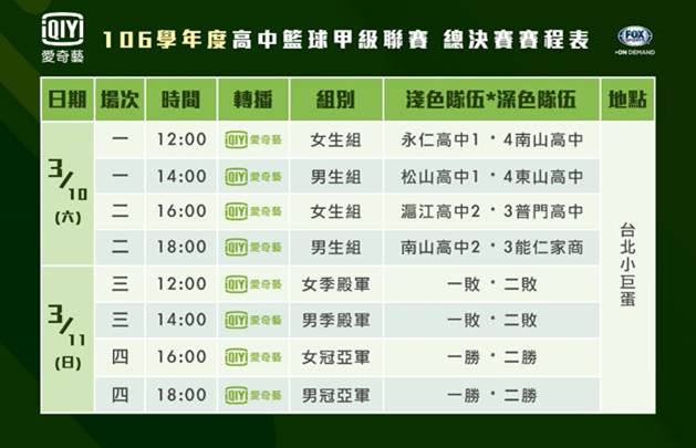 HBL3/10/-3/11總決賽，愛奇藝台灣站直播賽程。圖/愛奇藝提供