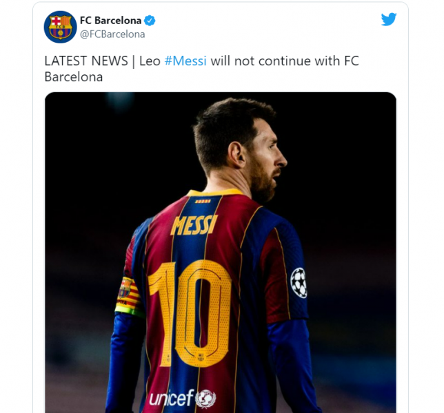 巴塞隆納官方推特宣布與梅西道別。摘自巴塞隆納推特