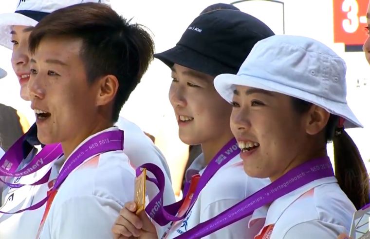 中華隊首度勇奪世錦賽女子反曲弓團體金牌。截取自直播畫面。