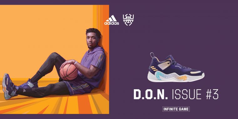 adidas攜手Donovan Mitchell推出第三代簽名戰靴，經典紫色注入D.O.N. Issue＃3，向猶他爵士隊及Mitchell生長的紐約市致敬。官方提供