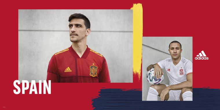 adidas為西班牙隊設計主場球衣，靈感來自西班牙國旗的紅黃相間色彩，客場球衣白底胸前綴有紅色光芒的隊徽，象徵西班牙隊的熱情及活力。官方提供