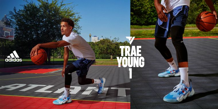 adidas Trae Young 1「ICEE」配色採用冰藍色透氣網布鞋面與鋸齒狀皮革拼接，展現Trae Young大殺四方的銳利身手。官方提供