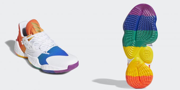 adidas Harden Vol. 4 Pride將六色彩虹旗滿版繪製於拼接鞋面及球鞋大底，打造鮮明風格。官方提供