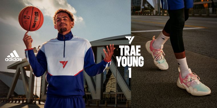 adidas Trae Young 1「ICEE Cotton Candy」運用繽紛的粉藍與粉紅漸層設計貫穿鞋身，搭配白色中底及大底，打造思樂冰的沁涼視覺。官方提供