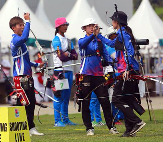 中華女子反曲弓隊勇闖金牌戰。中華民國射箭協會／提供