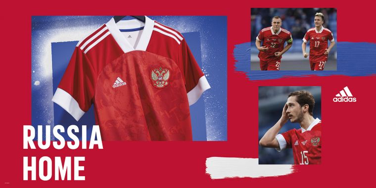 adidas亮相俄羅斯隊設計主場球衣，大面積的紅色象徵藝術與運動的相遇，更代表俄羅斯人民與足球的碰撞。官方提供