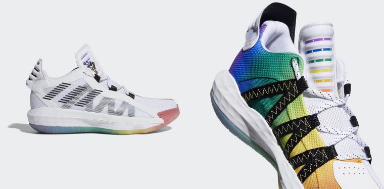 adidas Dame 6 Pride將標誌彩虹色以漸層方式渲染於內側鞋身與鞋底，雙色鞋面巧妙呼應Damian Lillard兼具運動員與饒舌歌手的雙重身分。官方提供