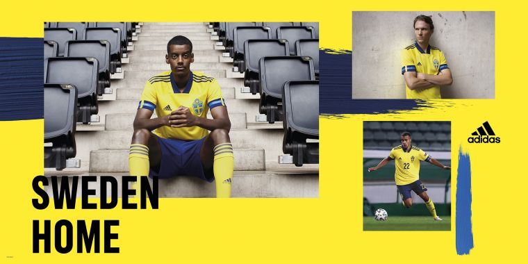 adidas推出瑞典隊主場球衣，以瑞典國旗為設計靈感，選擇活力黃搭配藍色袖口，後領下方繡有瑞典語中「瑞典」之意的SVERIGE字樣。官方提供