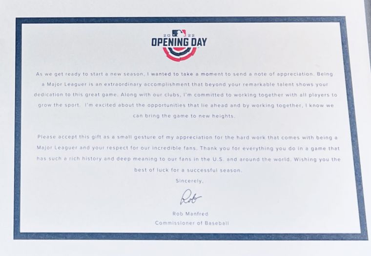 曼弗雷德（Rob Manfred）給開幕戰所有球員的信。摘自推特