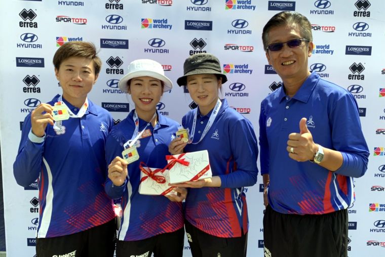 中華隊勇奪世界杯射箭賽第三站女子反曲弓團體金牌。倪大智／提供。