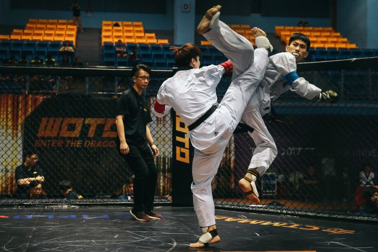 武跆王鼓勵選手做出更高難度的轉身和跳躍踢擊的動作。大會提供