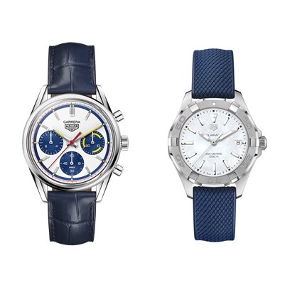大坂直美2021澳網總決賽配戴Aquaracer 女錶(右)；大坂直美於2021澳網頒獎典禮配戴Carrera Montreal 腕錶。官方提供