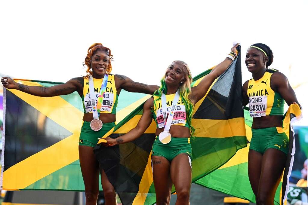 女子牙買加短跑軍團首度在世錦賽包辦前三。法新社