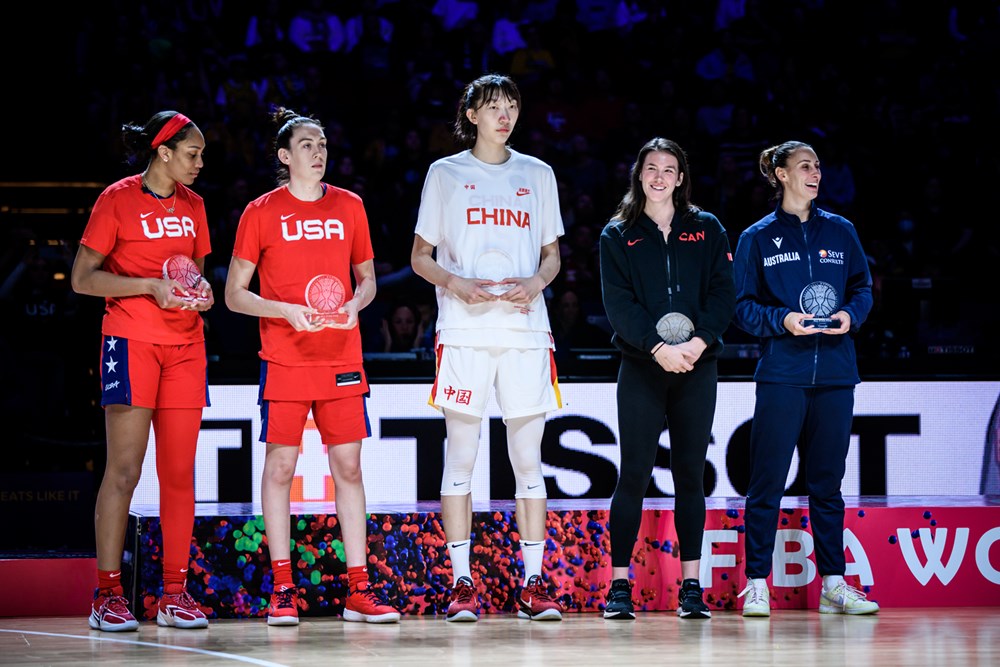 大會第一隊最佳五人含中國大陸中鋒韓旭(中)。摘自FIBA官網