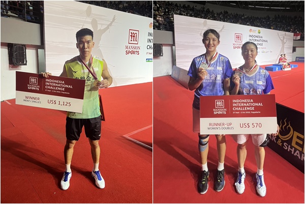 印尼挑戰賽男單冠軍林冠廷(左)、女雙亞軍王思敏／宋祐媗。中租提供