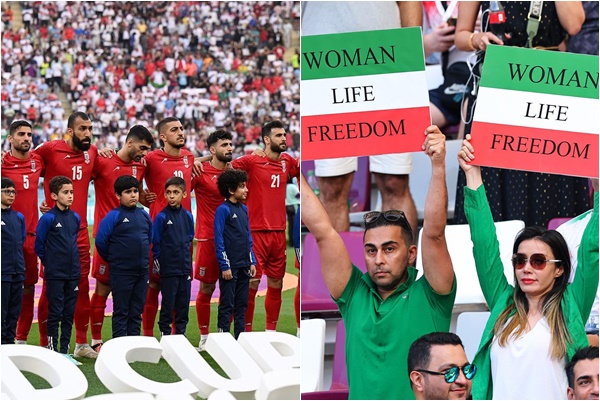伊朗男足拒唱國歌(左)球迷也舉標語抗議。合成照片