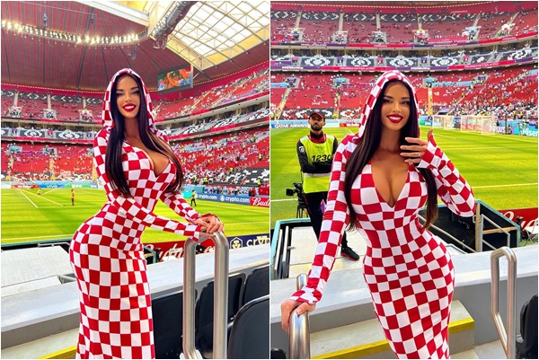 克羅埃西亞最性感啦啦隊長晚空上爆乳裝在卡達球場亮相。合成照片