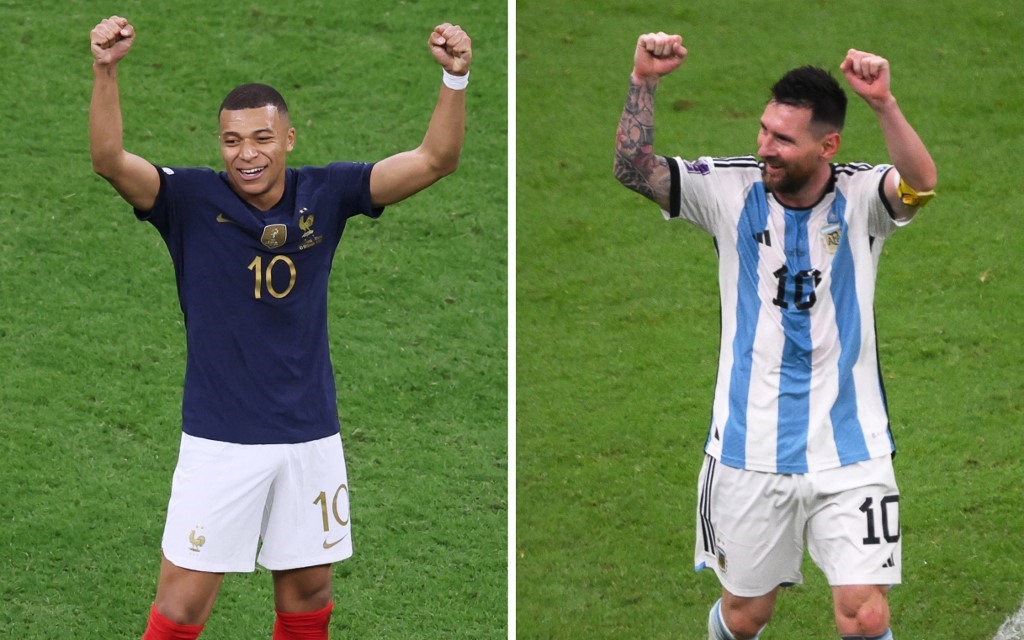 衛冕軍法國與南美勁旅阿根廷對決，也是娒巴佩(左)梅西對決。法新社