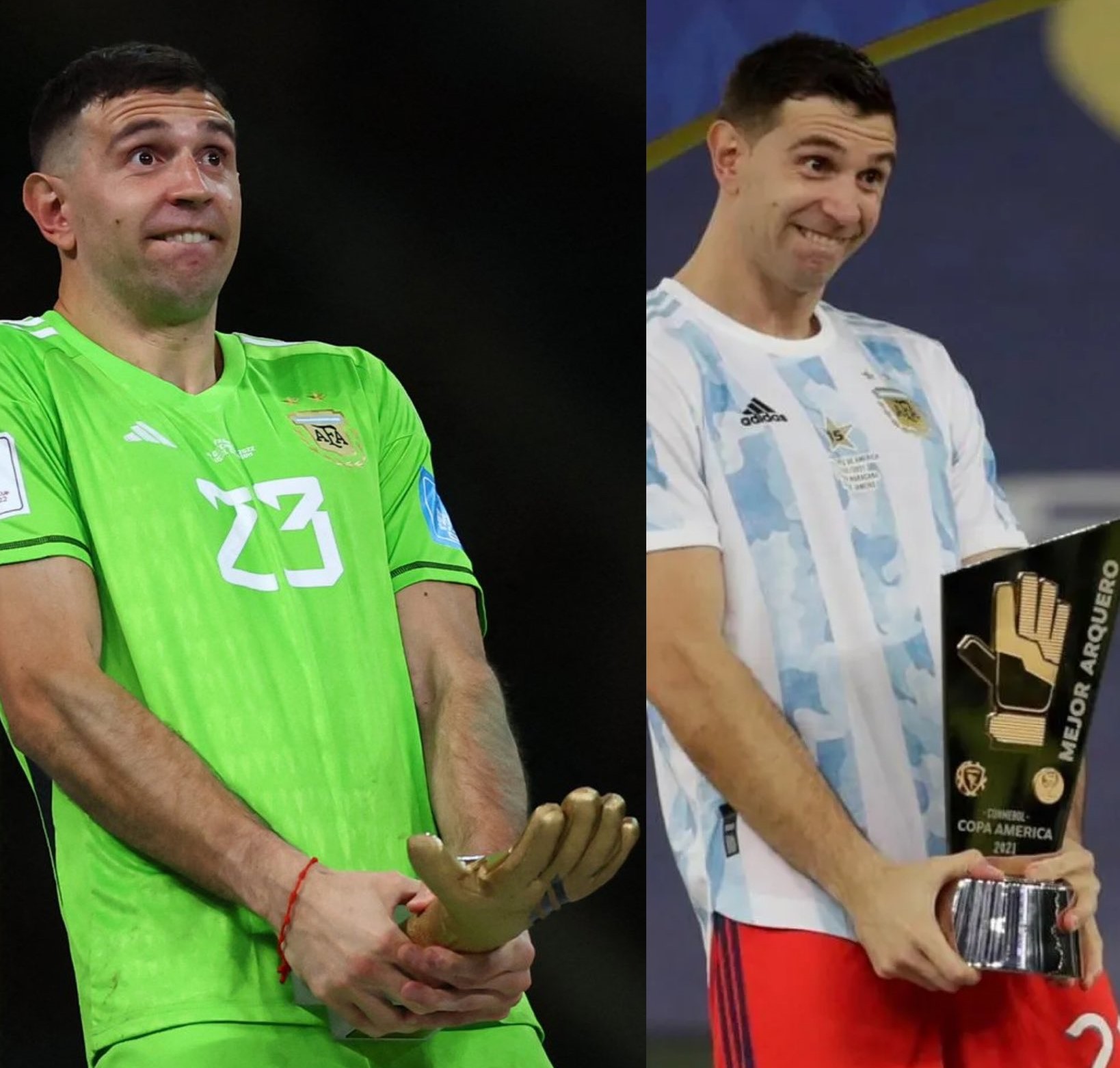  原來馬丁尼茲（Emiliano Martinez）在美洲盃時（右）就做過類似動作。摘自推特