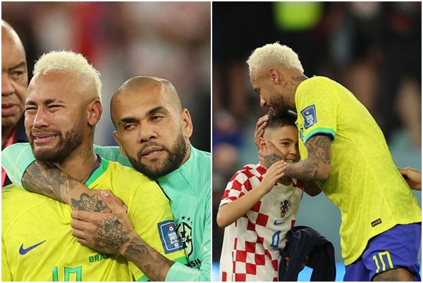 巴西落敗後內馬爾爆哭，一名克羅埃西亞小孩上前主動去安慰他。合成照片