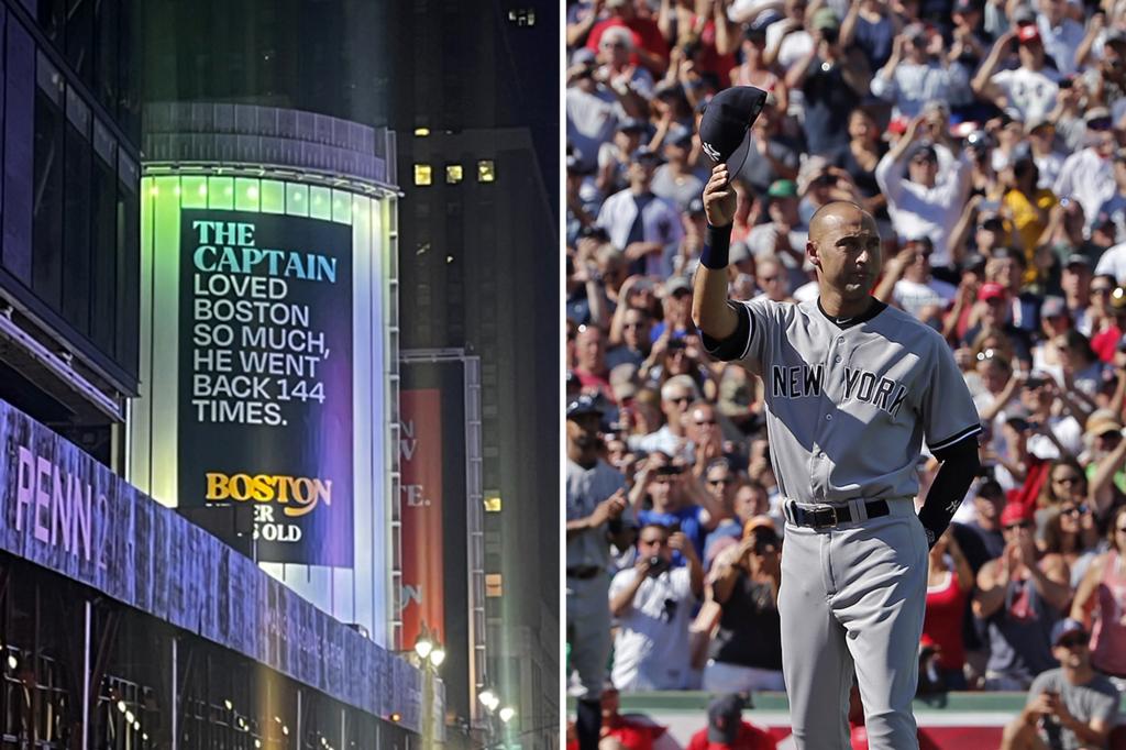波士頓旅遊局在時代廣場的廣告偷吃洋基隊長豆腐。摘自推特