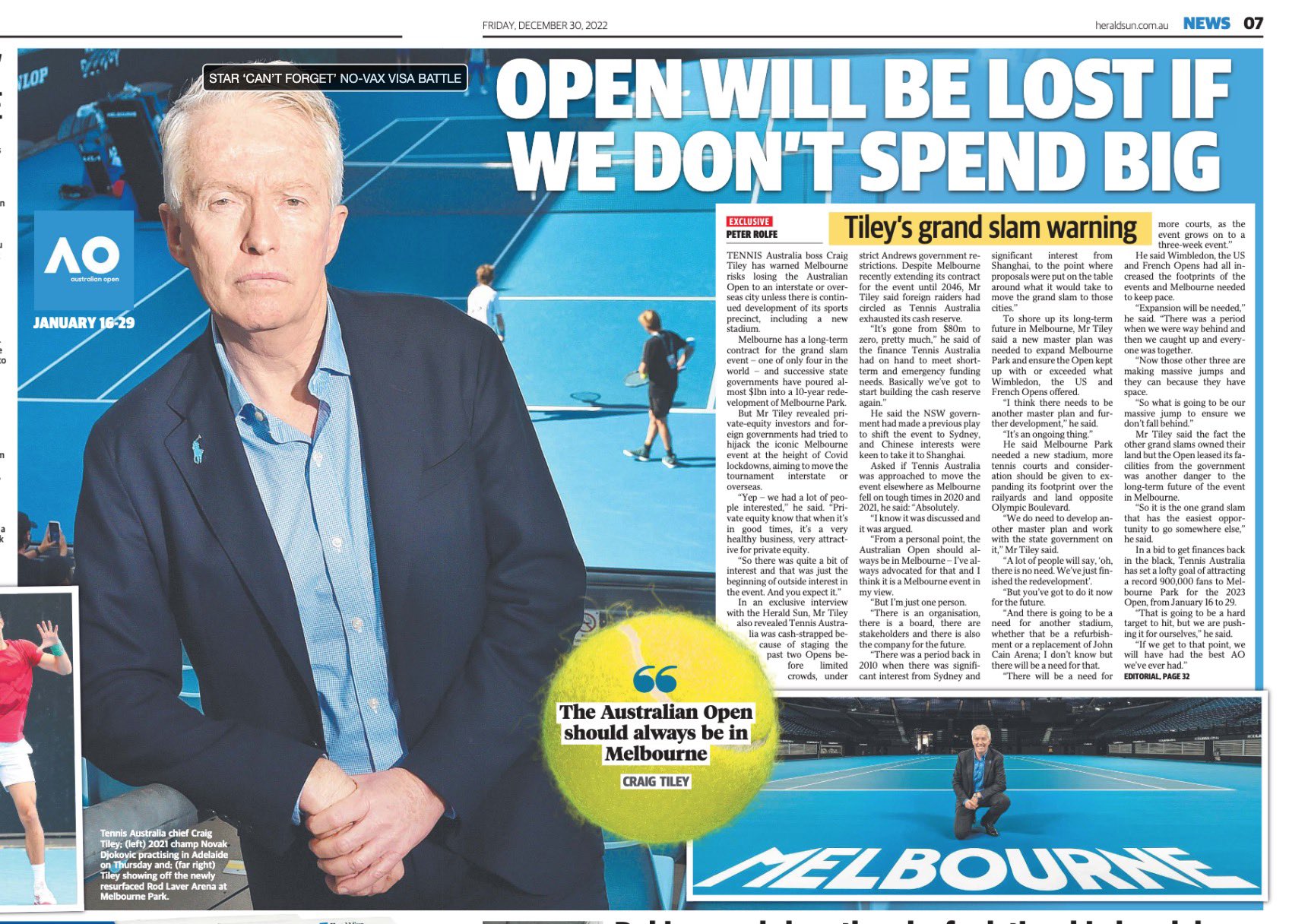 澳網要搬家？澳洲網球協會老闆泰利（Craig Tiley）四處放話警告墨爾本。摘自推特