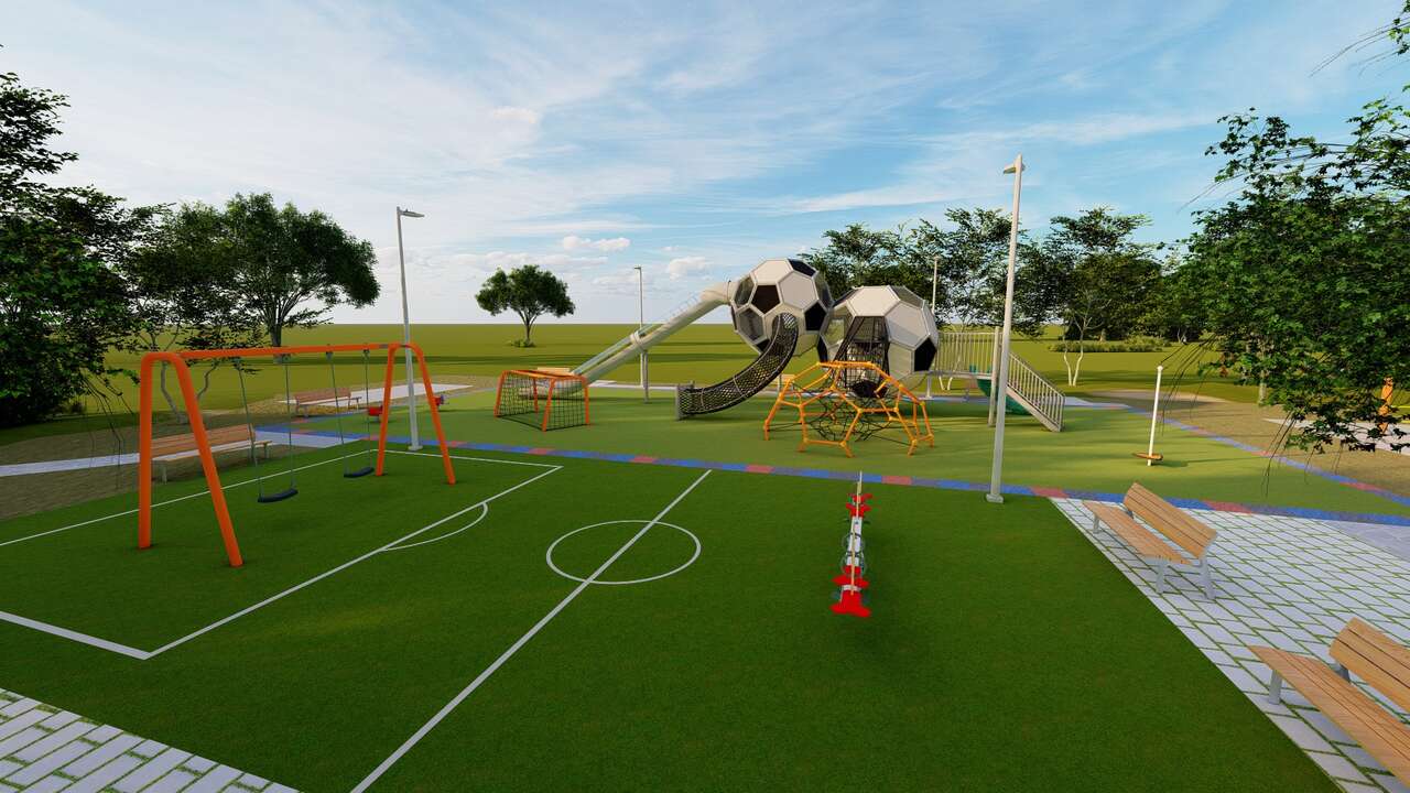 今年暑假新莊體育園區將多一處適合放電的兒童足球遊戲場。新北市政府體育處提供