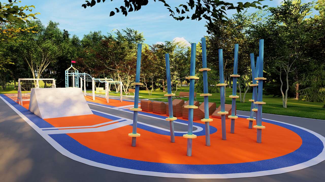 新莊體育園區陽光草坪旁規劃多項攀爬設施。新北市政府體育處提供