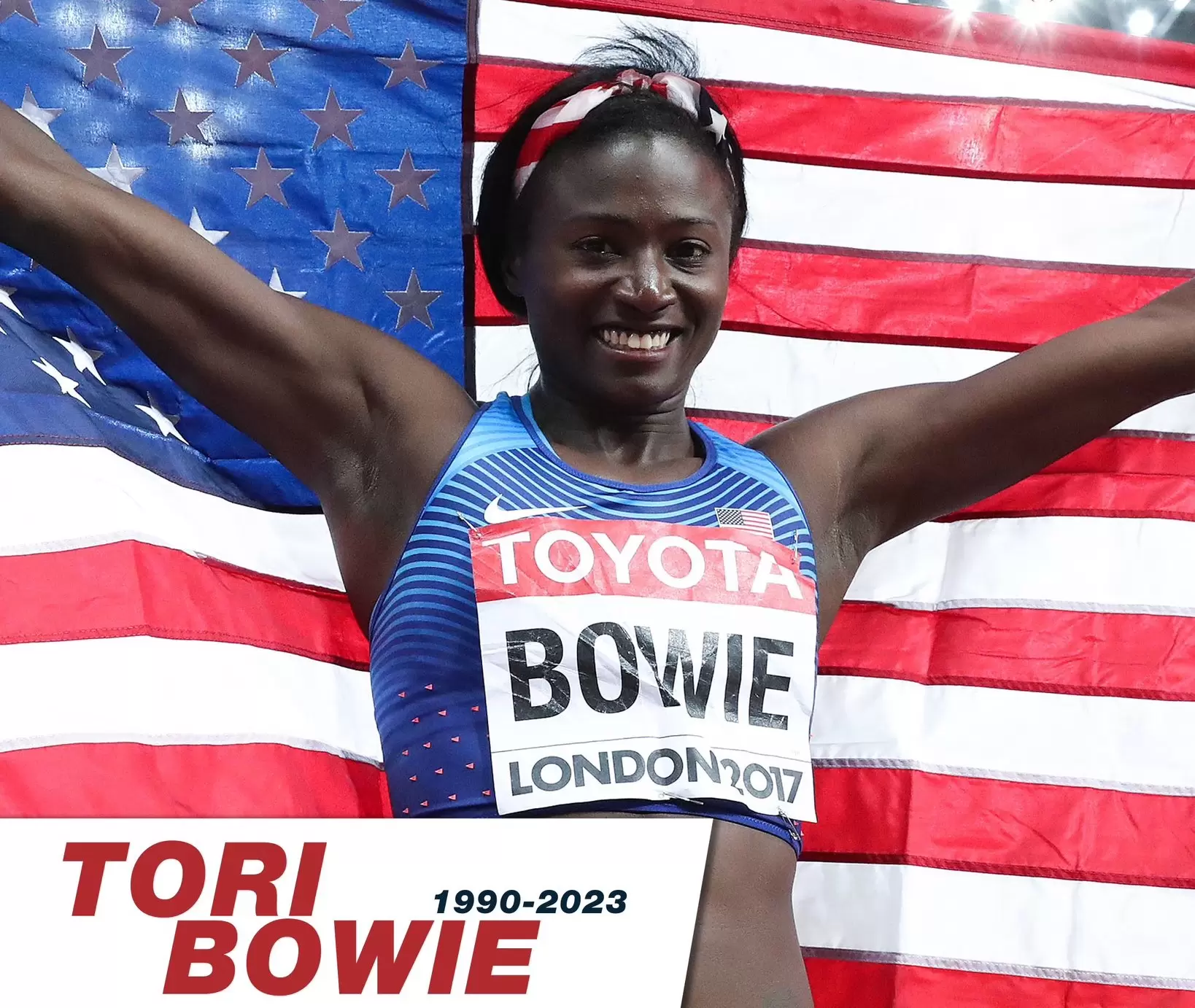 美國三面奧運獎牌和前世錦賽100公尺金牌托莉鮑伊 ( Tori Bowie ) 意外猝死。摘自推特