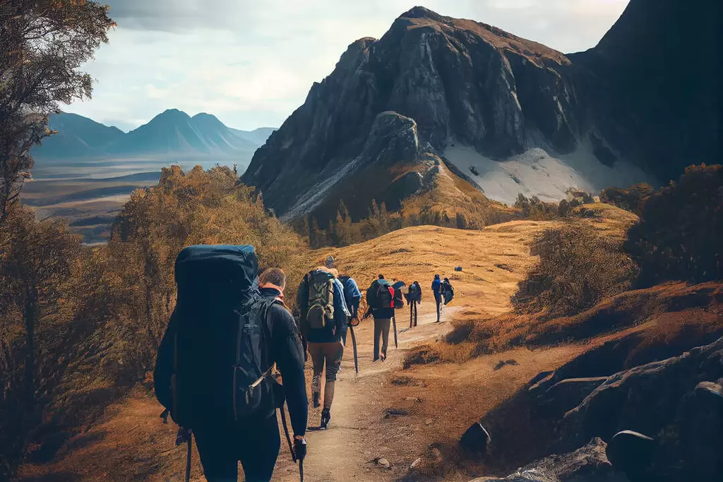 hiking men conquer mountain peak adventure awaits generative ai