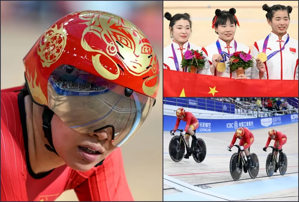   中國自由車女子隊創造亞洲新紀錄，「哪吒」頭盔閃耀全場。（摘自中國網站）