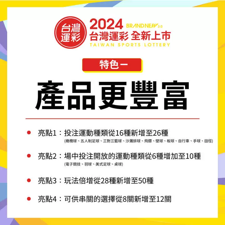 台灣運彩2024全新上市特色一產品更豐富。官方提供