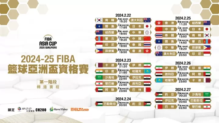 Fiba亞洲盃資格賽第一階段賽程由愛爾達現場直播。官方提供