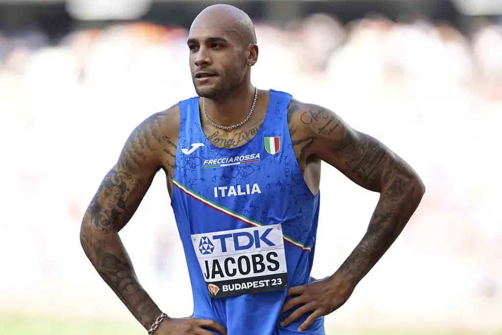 東京奧運 100 公尺冠軍雅各布斯 (Marcell Jacobs) 今年首秀。法新社