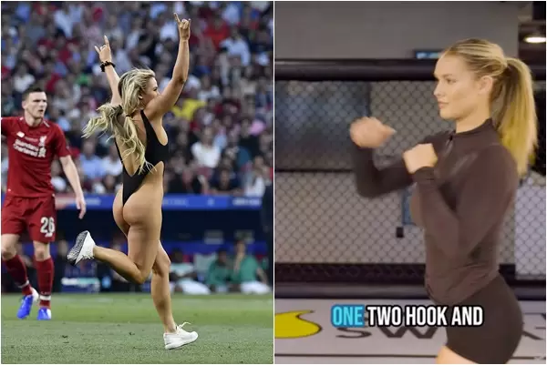 曾經在2019年歐冠決賽中裸奔爆紅的美國金髮美女沃蘭絲基改去練習格鬥。合成照片